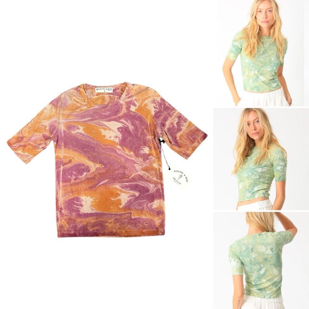NWT Electric & Rose Darren Pink Orange Marble Pattern Rib Tee Shirt Small $128